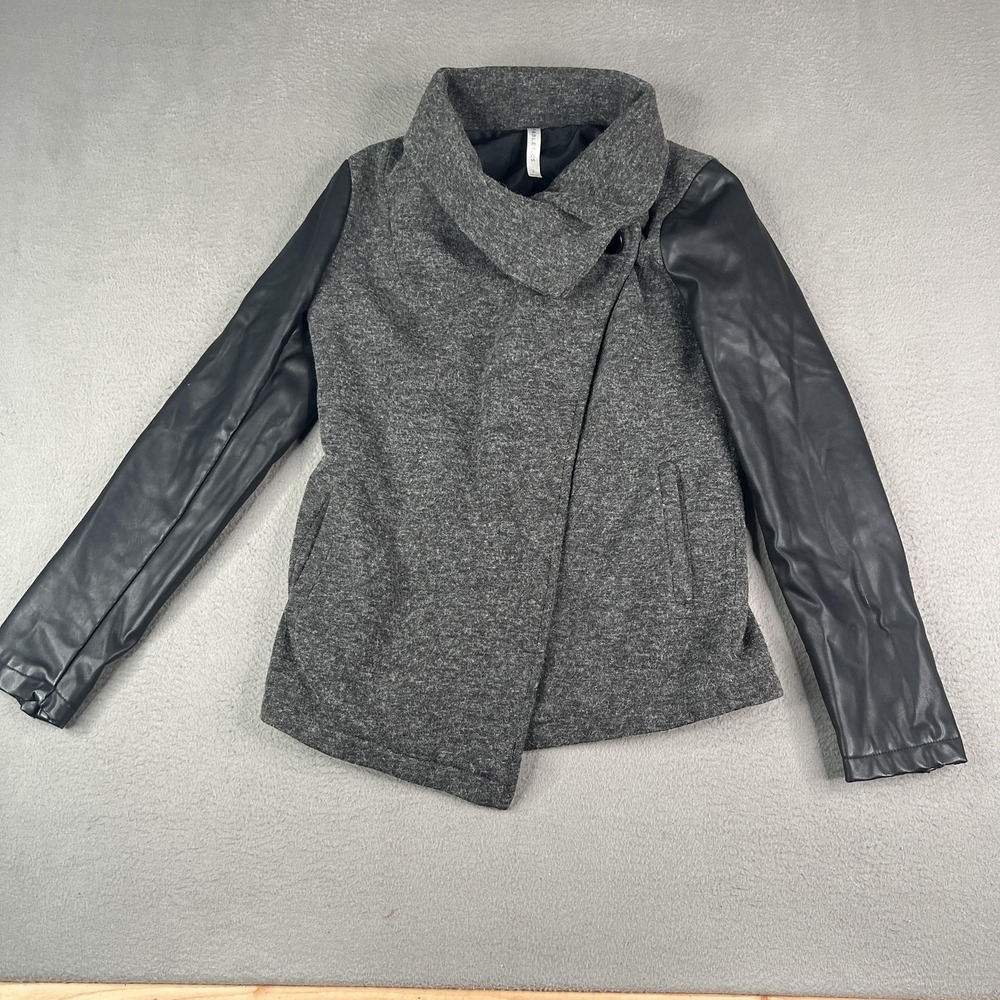 Fabletics Jacket Womens Small Gray Black Faux Leather Sleeve Moto Asymmetrical